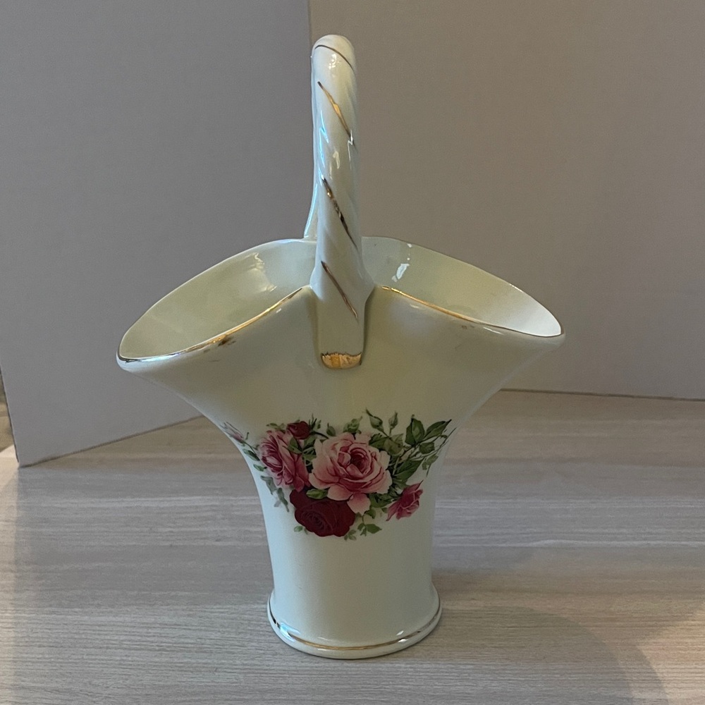 Vintage Ceramic Victorian Roses Basket Vase, Formalities by Baum Bros